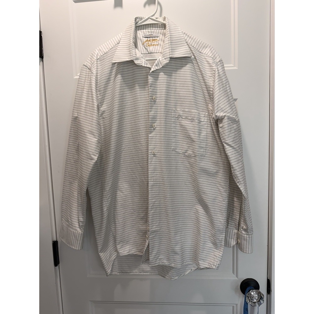 Jack Lips on Signature Mens 15.5 R White Pinstripe Dress Shirt Italy Fabric